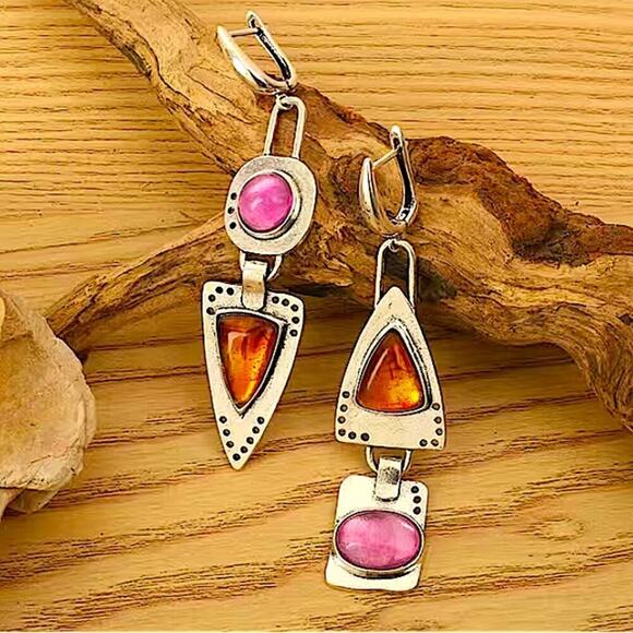 Vintage Boho Geometric Silver Gemstone Irregular Dangle Earrings - Picture 5 of 7